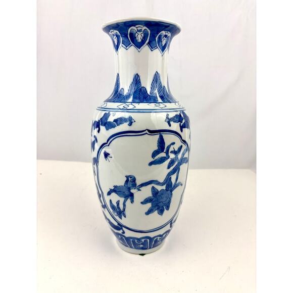 Blue & White Chinese Porcelain Vase with Floral & Bird Design 11.75" - Picture 5 of 14